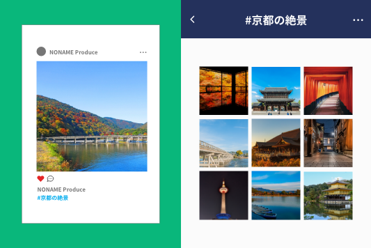 ハッシュタグ「#京都の絶景」をつけて写真を投稿したときのイメージ